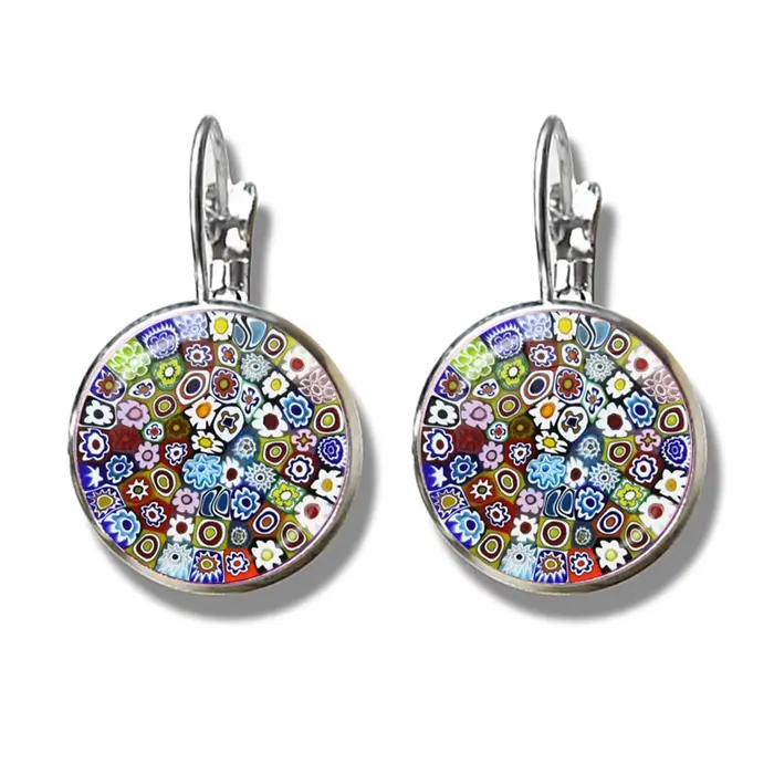 Boucles d'oreilles en forme de fleur de Murano Millefiori, Cabochon en verre, crochet français, bijo