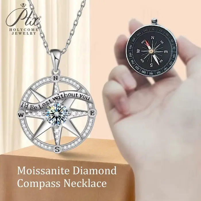 Pendentif Boussole Moissonite D VVS1 Collier en Argent Sterling 925 Hypoallergénique pour Femmes Occasions Spéciales