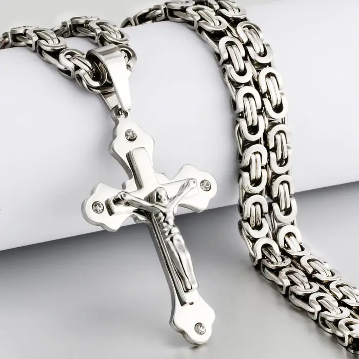 Collier pendentif croix de jésus Crucifix chrétien avec cristal, chaîne à maillons byzantin Durable,