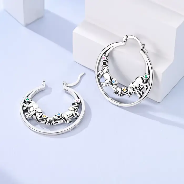 Boucles d'oreilles en argent Sterling 925 pour femmes, famille d'éléphant scintillant, Double couche, cerceau pour anniversaire, bijoux cadeaux de mariage