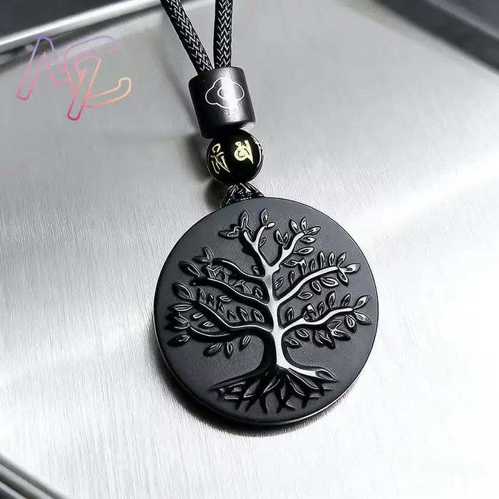 Collier pendentif arbre de vie en obsidienne véritable sculpté, cadeaux Vintage pour femmes, pierres