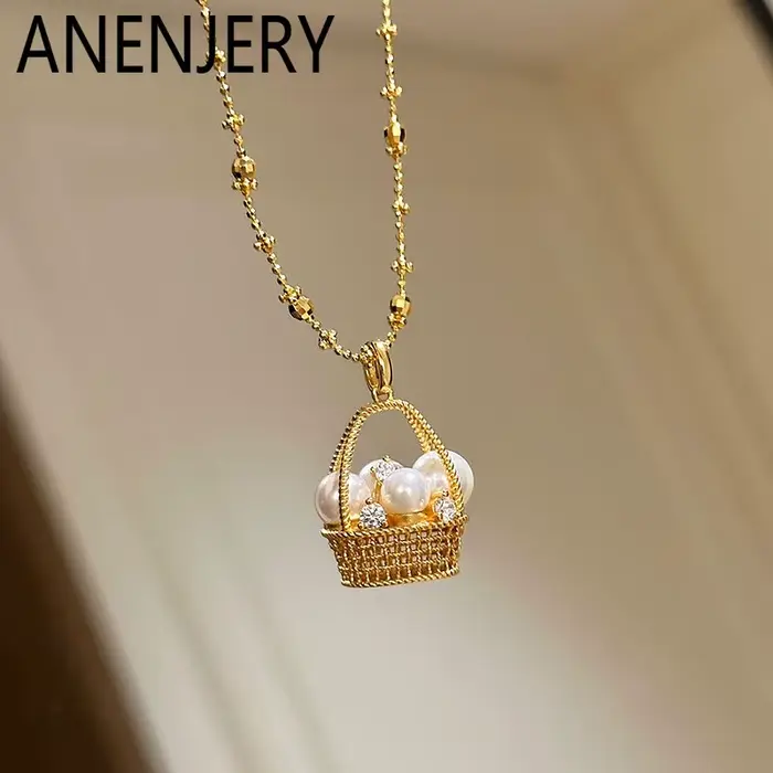 Collier pendentif chaîne de perles ANENJERY avec panier de fleurs pour femme