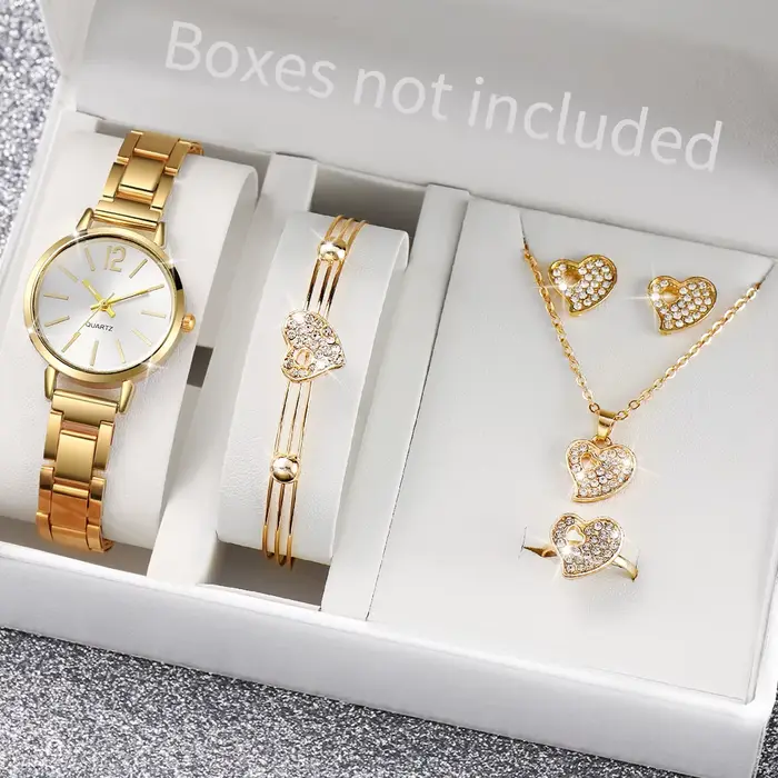6 pièces/ensemble montre pour femme mode bracelet en acier inoxydable montres à Quartz analogiques coeur ensemble de bijoux (sans boîte)