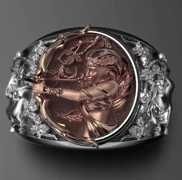 Bague ouverte polyvalente de style antique grec représentant la muse Artémis, bijou de couple haut d