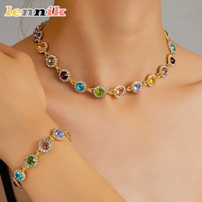 LENNIK Ensemble de collier et bracelet en zircon coloré à la mode et personnalisé pour accessoires et bijoux haut de gamme pour femmes