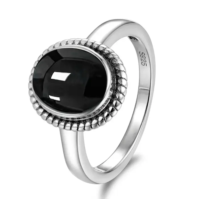 Bijoux Vintage en argent Sterling 925, bagues ovales simples en Agate noire de 8x10mm, cadeaux pour 