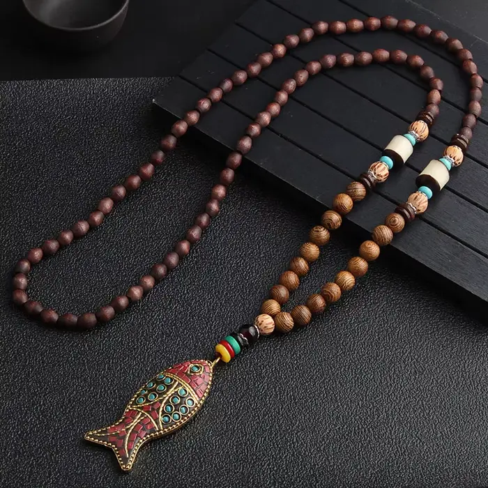 14 nouveau collier ethnique fait à la main du népal bouddhiste Mala perles de bois pendentif