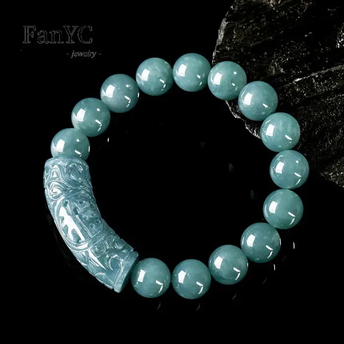 Véritable jadéite naturelle bleu eau 'Fu' personnage incurvé Bracelet glace-Type jadéite unisexe Vin