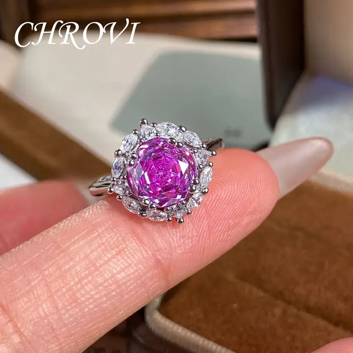 Bague en argent sterling 925 sertie de diamants roses et violets pour femmes, bague vintage française classique pour occasions spéciales et soirée mondaine