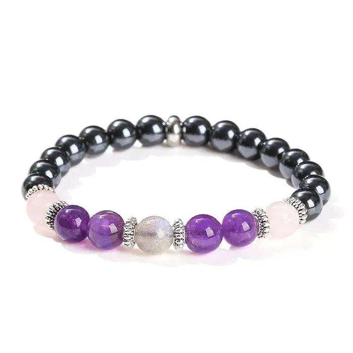 Bracelet de Protection contre l'empath, Tourmaline noire, hématite, Quartz Rose, améthyste et Labrad