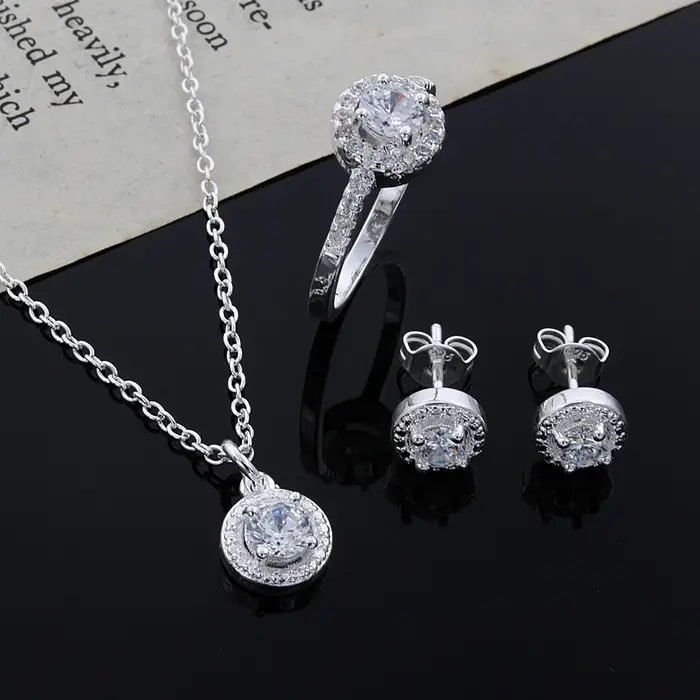 925 argent mignon solide cadeau de noël Noble mode élégante femmes brillant cristal Cz collier boucle d'oreille bague ensemble de bijoux