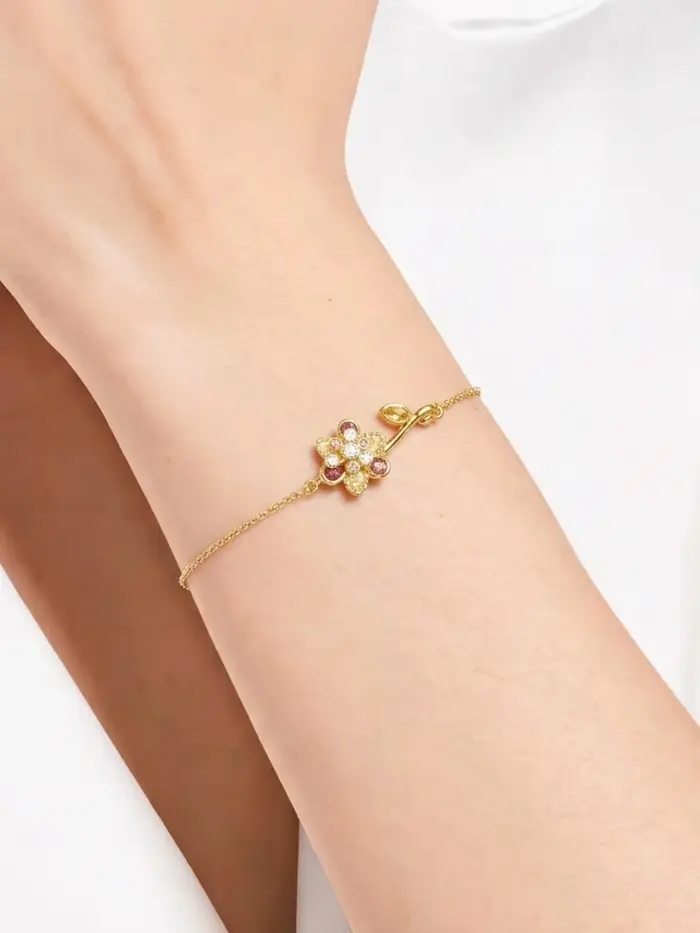 Bracelet de Luxe en Or Fleurs Zircon Pierres Colorées Chaîne Élégante Bijou Tendance Femme Occasions Spéciales