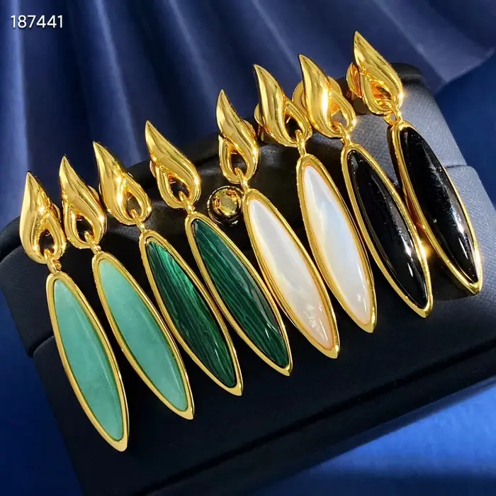 Top qualité 925 argent naturel blanc coquille/Agata noire/Malachite/Turquoise oreille goutte balancent longues boucles d'oreilles Art déco bijoux