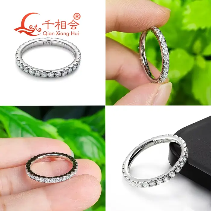 Bague de mariage en argent sterling 925 avec moissanite blanche ronde solide de 2 mm et 3 mm
