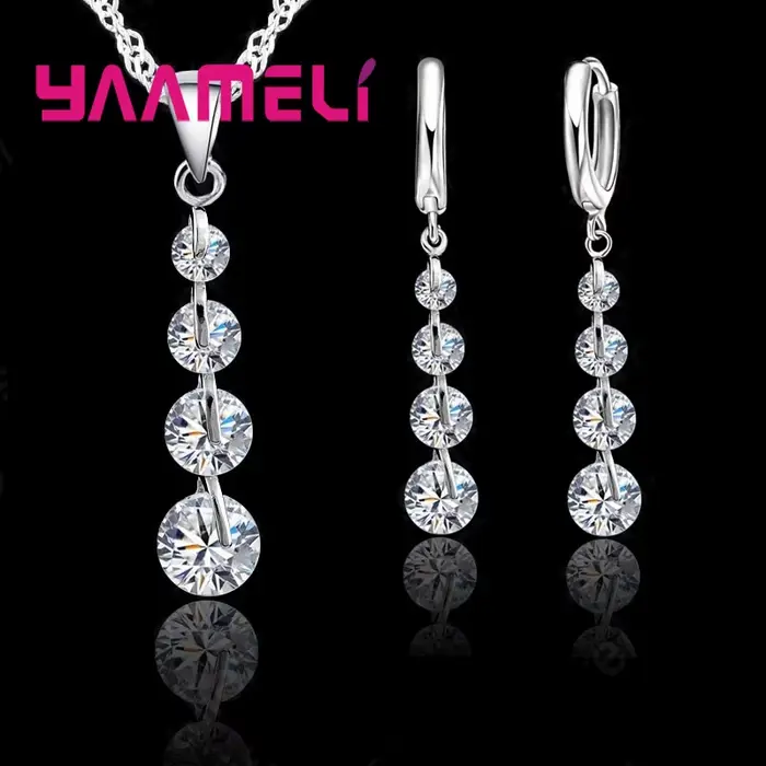 Ensembles de bijoux exquis en argent regardé 925 pour patients, style long, cristal autrichien, colliers et boucles d'oreilles, accessoire de mariage