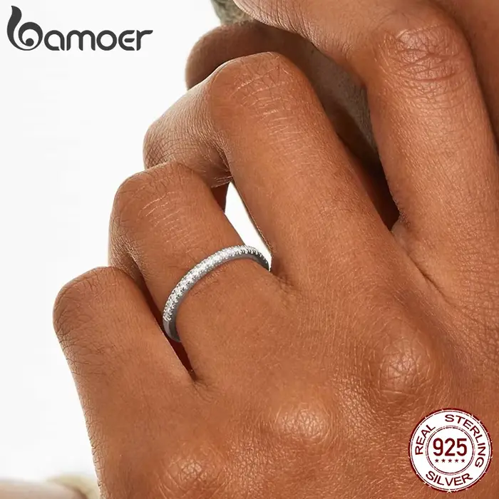 BAMOER plaqué or blanc solide 925 argent Sterling CZ simulé diamant empilable bague bandes d'éternité pour les femmes