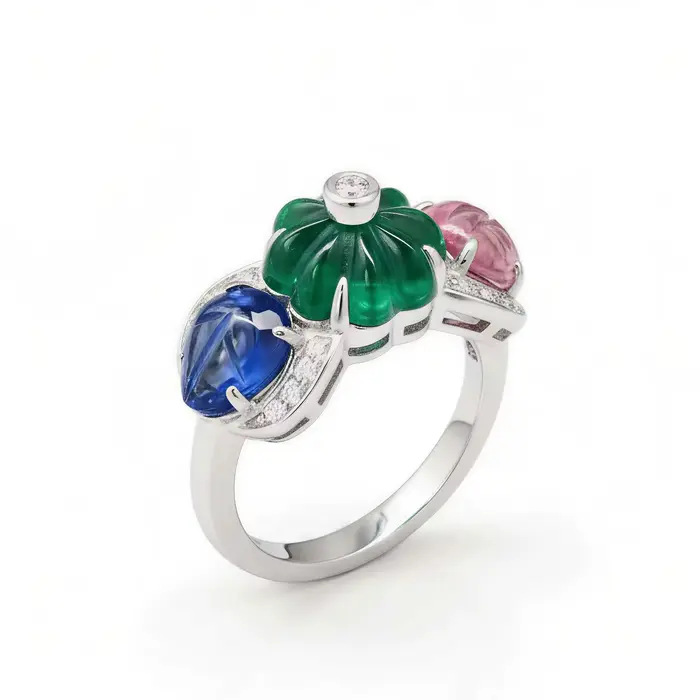 Bague Vintage Tutti Frutti Sculptée, Design Floral de Luxe, en Argent Sterling 925, Bijou Fin pour F