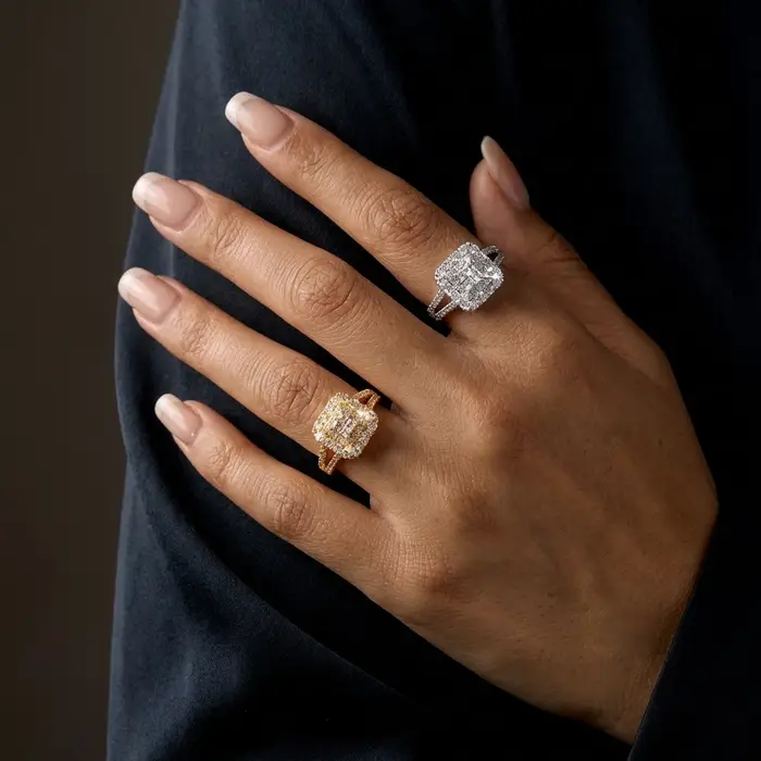 Bague Harlermoon Vintage Carrée à Grappe en Laiton avec Zircon Blanc ou Jaune Style Art Déco pour Fiançailles Anniversaires et Soirées Spéciales