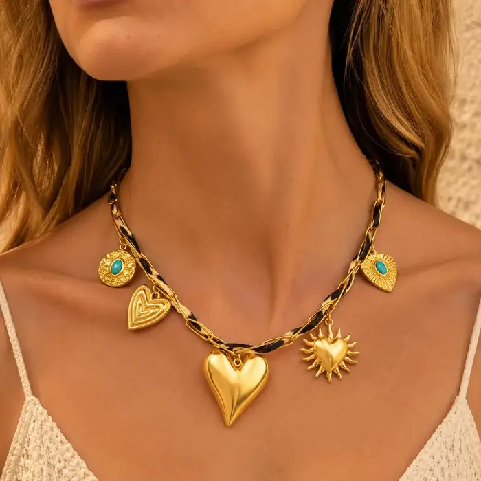 Collier pendentif Cœur Breloques, en acier inoxydable 316L anti-ternissement, bijou ras-du-cou esthé