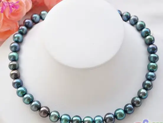 ~! Collier de perles rondes noires de 9 à 10mm, paon, de culture d'eau douce, 18 w