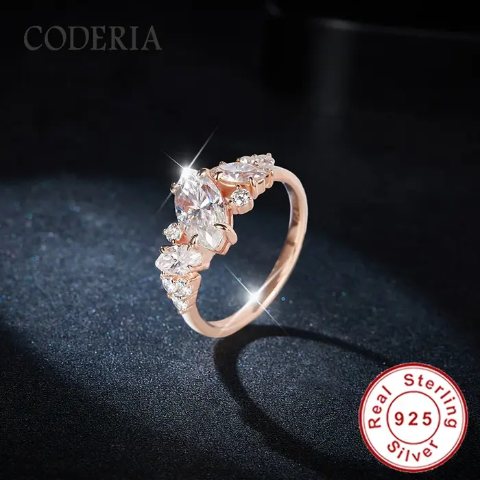 Bague en argent 925 plaqué or rose 18 carats avec moissanite pleine taille marquise irrégulière 1 carat D VVS1 pour