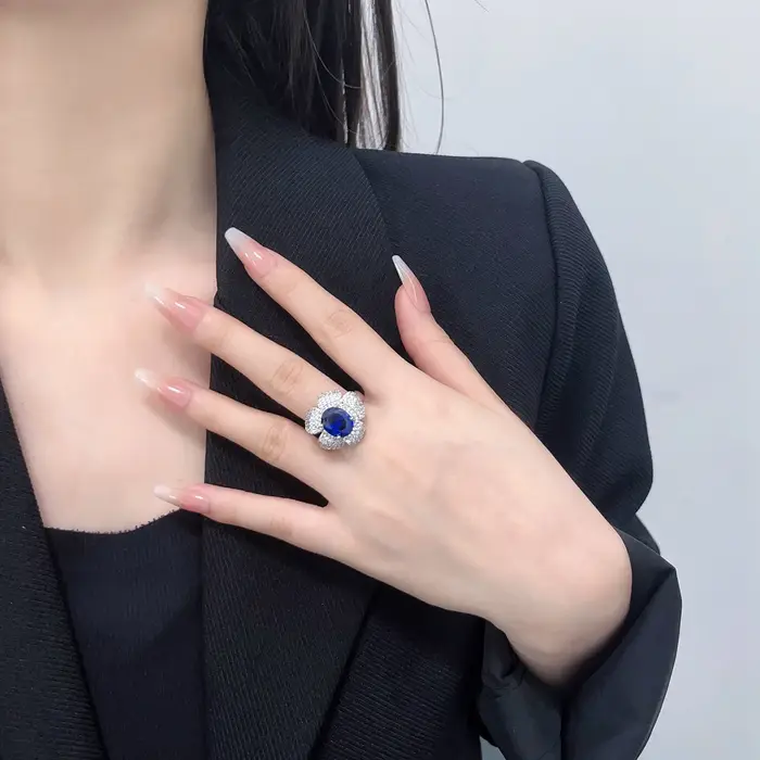 Camélia saphir bijoux Design classique luxe argent 925 incrustation diamants bagues pour femmes rétro bleu fleur bague cadeau de mariage