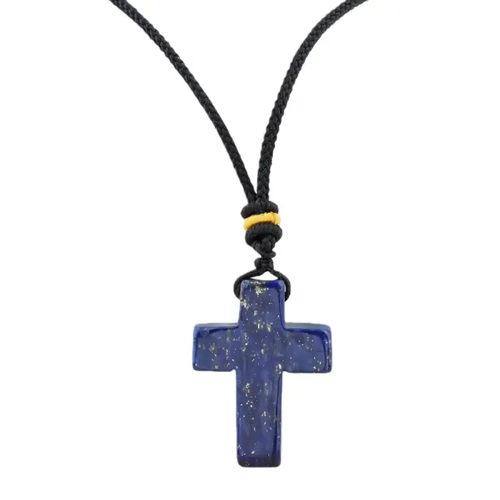 Lapis Lazuli 22x30mm croix pendentif pierres précieuses collier chaîne en corde en cuir noir