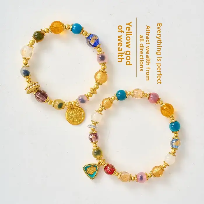 Ins Zakilam Bracelet demi-sucre coeur Agate main chaîne coloré feuille d'or verre jaune dieu de la richesse coeur malédiction trésor chanceux