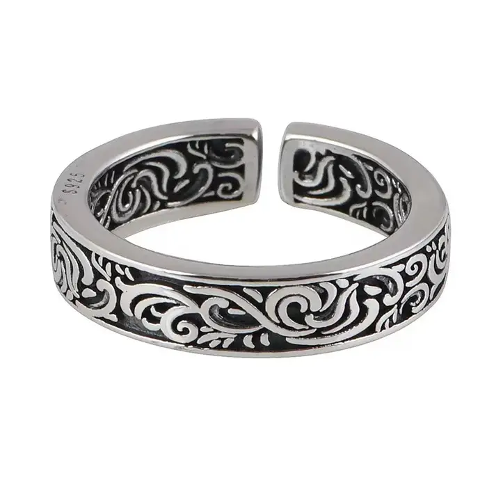 Bague en argent sterling 925 réglable avec motifs rétro pour femme et homme
