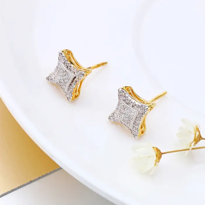 VANAXIN Hip Hop Zircon carré Bling boucle d'oreille matériau en laiton glacé plaqué or 14 carats pour femmes hommes bijoux