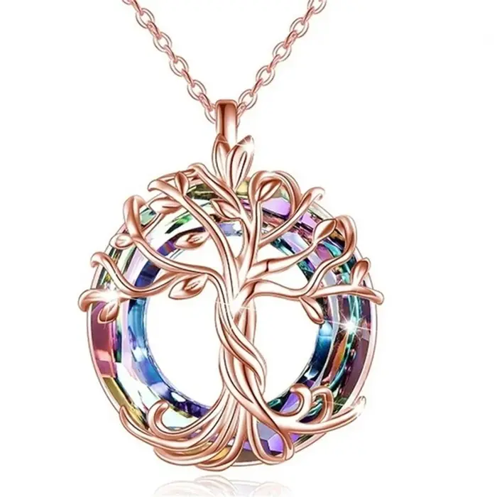 Collier Arbre de Vie avec cristal circulaire, pendentif Arbre Généalogique exquis, bijou cadeau pour