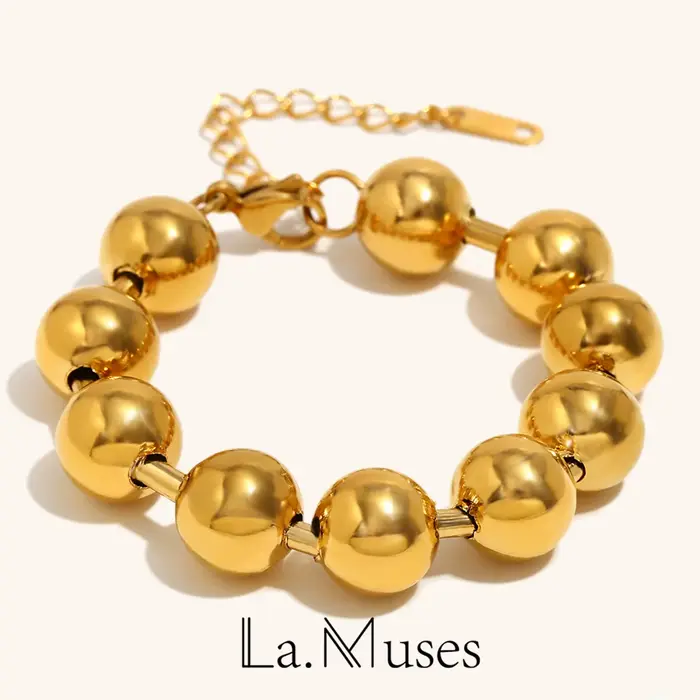 La Muses – Bracelet chaîne de perles rondes exagérées pour femmes, en acier inoxydable, plaqué or PVD 18K, bijoux étanches, cadeaux
