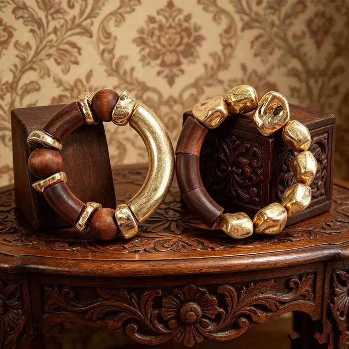 Ensemble de bracelets bohèmes en bois et perles dorées, deux pièces, bijoux empilables pour femmes, 
