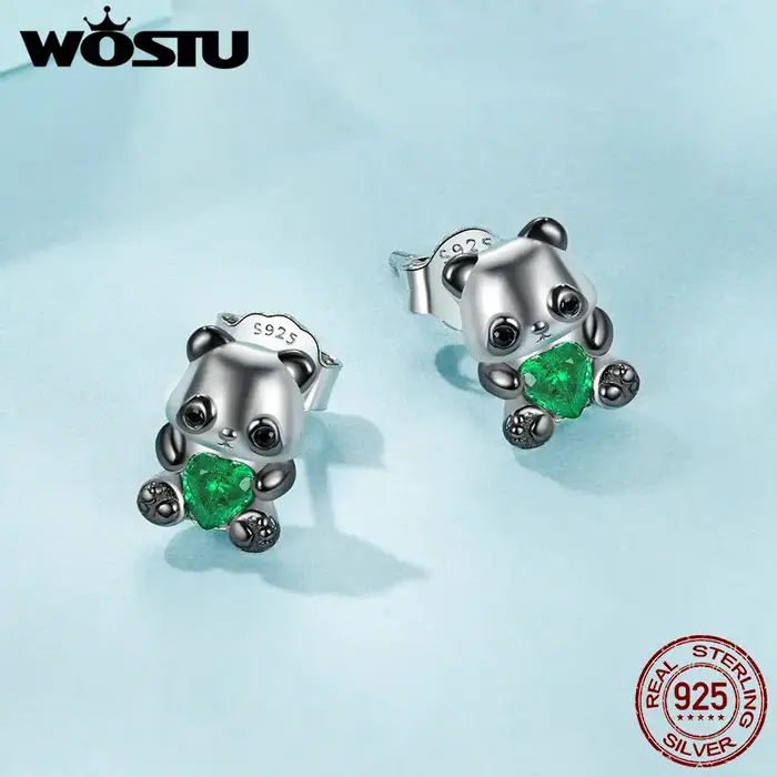 WOSTU 925 en argent Sterling belles boucles d'oreilles Panda avec coeur vert cristal ours rose boucle d'oreille de fête fille anniversaire bijoux cadeau