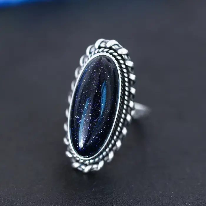 Bague en argent sterling 925 sertie de grès bleu naturel pour femmes occasions spéciales alliance de mariage bijou en pierres précieuses élégante à offrir
