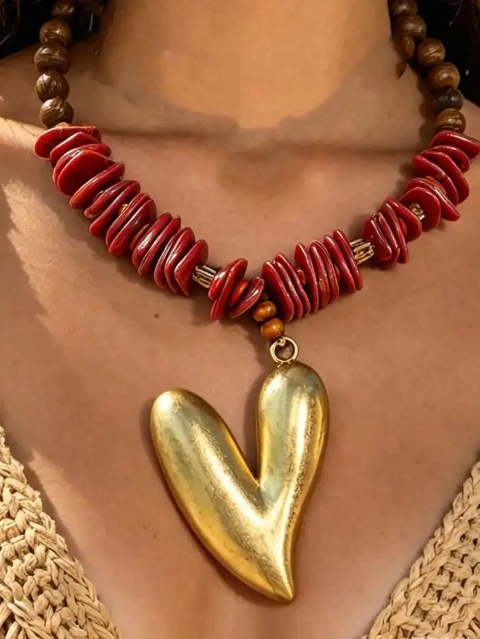 Collier en perles de bois CUIER avec grand pendentif cœur doré