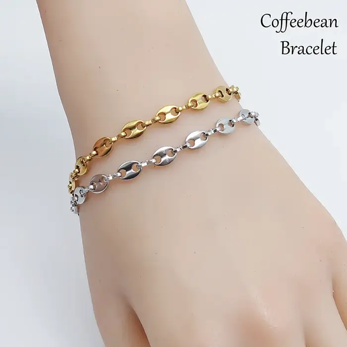 Lot de 10 bracelets à chaîne en grains de café en acier inoxydable plaqué or