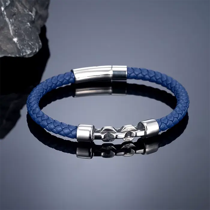 Bracelet en cuir tressé noir/rouge/bleu 6mm pour hommes, fait à la main, chaîne à maillons en acier inoxydable, bijoux Vintage, cadeaux de Couple