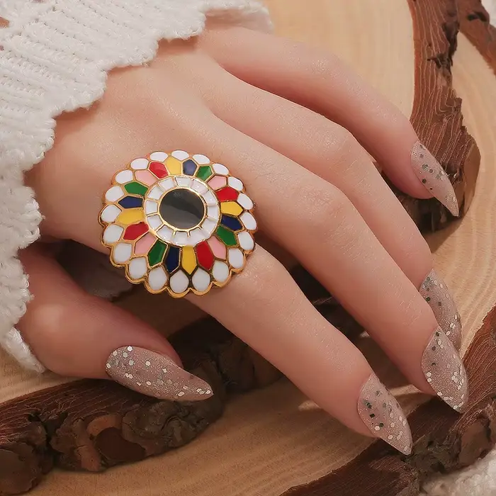 Bague de fleurs colorées vintage bohème pour femme, accessoires de bijoux ethniques, grand document 