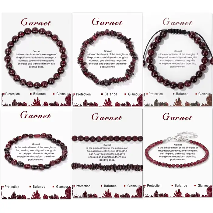 Bracelets de perles de grenat rouge naturel pour femmes et hommes, puce irrégulière, gravier, pierres de quartz rondes, avec carte, bijoux