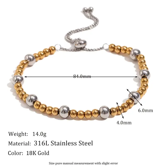 E.B.belle – Bracelet réglable en perles rondes Double couleur, plaqué or 18 carats, en acier inoxyda