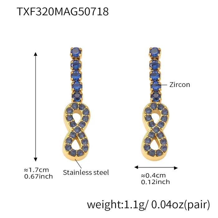Infinite 8 boucles d'oreilles pour femmes, clous d'oreilles en acier inoxydable, plaqué or, Zircon, 