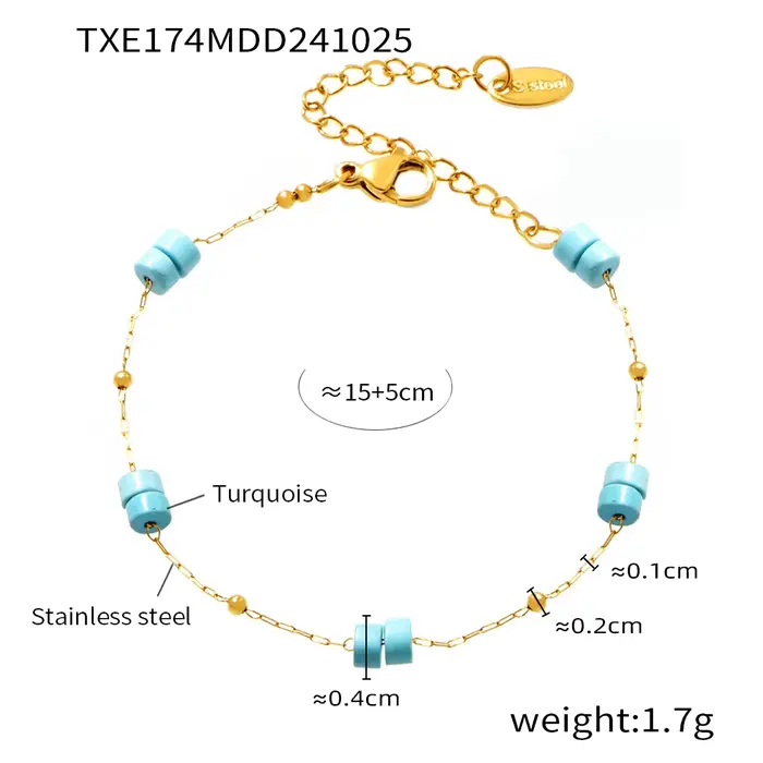 Collier de Charbon de Nature en Acier Inoxydable pour Femme, Bracelet de Charme, Turquoise, Perlé, D