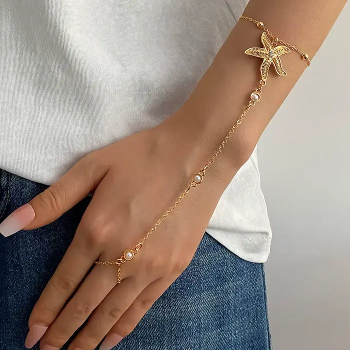 Bracelet de doigt pour femme, série Océan d'été, motif fleur, étoile de mer, perle, couleur or, bijo