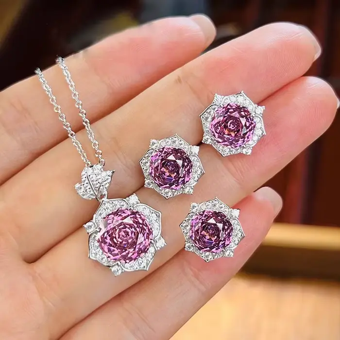 Parure de bijoux en diamants taillés en rose précieux - Bague de fiançailles/mariage, boucles d'oreilles et collier en argent sterling 925. Cadeau de bijoux