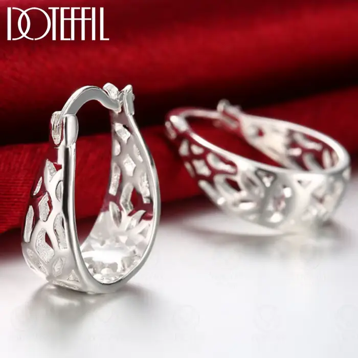 DOTEFFIL 925 en argent Sterling géométrique creux cerceau boucle d'oreille pour femme charme fête de
