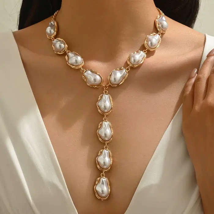 Collier ras du cou baroque en fausses perles, style vintage, longue chaîne en Y, irrégulier, ajustable, bijou fantaisie pour femme