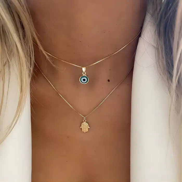 Colliers porte-bonheur double couche en zircon avec pendentif œil turc pour femmes et hommes, bijoux