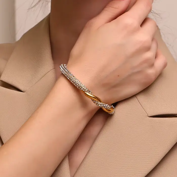 E.B.belle-Bracelet Asymétrique Ajustable en Acier Inoxydable pour Femme et Fille, Bijoux avec Distorsion en Strass, Or et Argent, Document, SION L