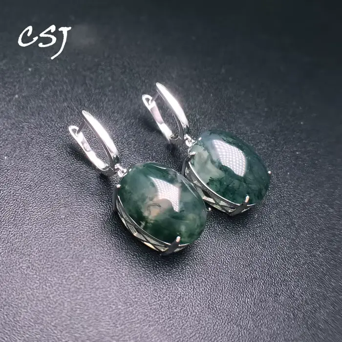Boucles d'Oreilles en Agate Mousse Naturelle pour Femme, Argent Massif 925, Pierre Précieuse Indienne, 13x18mm, Dimensions de Mariage, Cadeau de ix